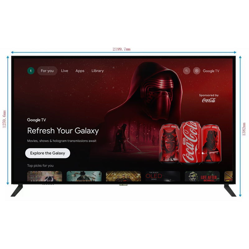 100-inch 4K UHD, HDR10, Bluetooth, Dolby Audio, Dolby Vision, with DVB-T2 and DVB-S2 support.
