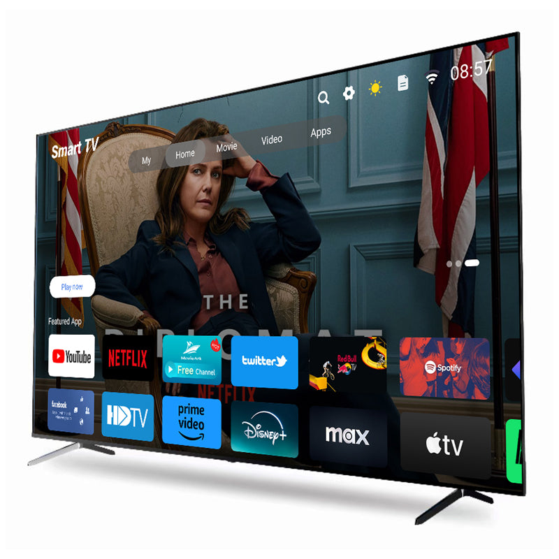 85-inch 4K UHD, HDR10, Bluetooth, Dolby Audio, Dolby Vision, with DVB-T2 and DVB-S2 support.