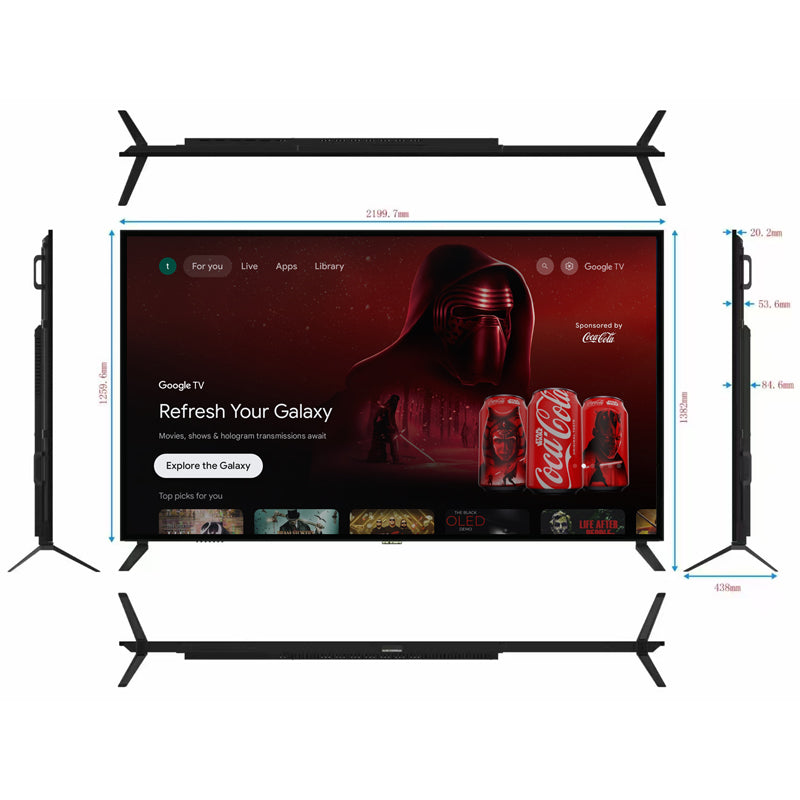 100-inch 4K UHD, HDR10, Bluetooth, Dolby Audio, Dolby Vision, with DVB-T2 and DVB-S2 support.